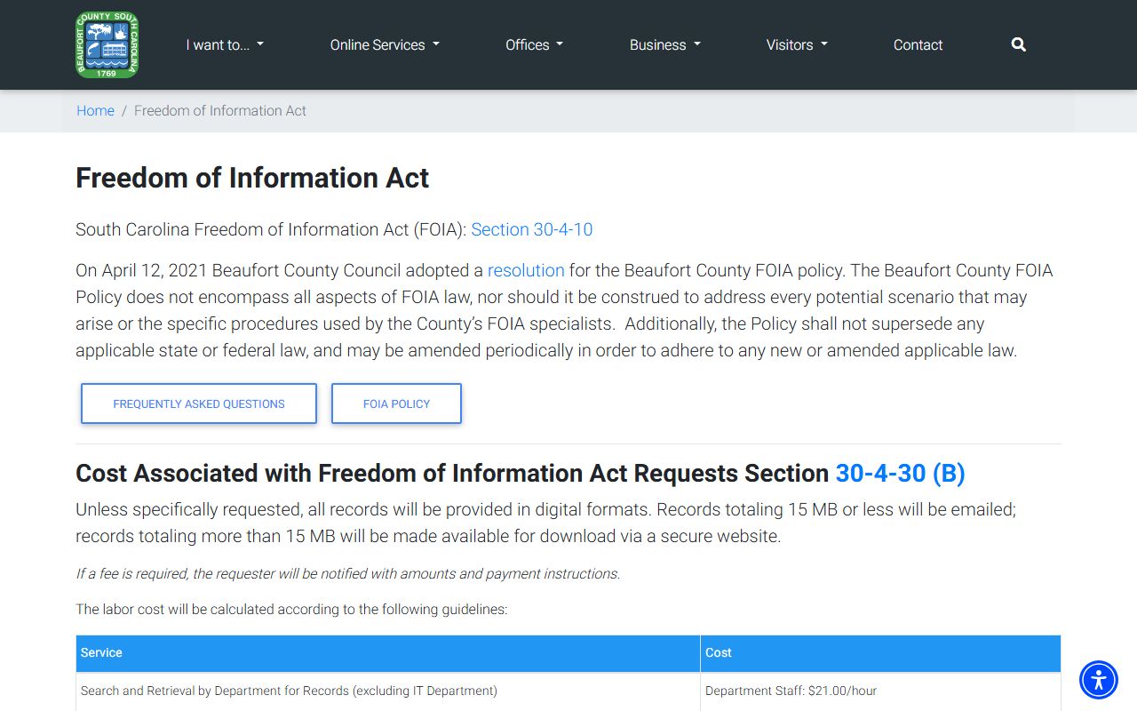 Beaufort County Clerk of Court records FOIA page