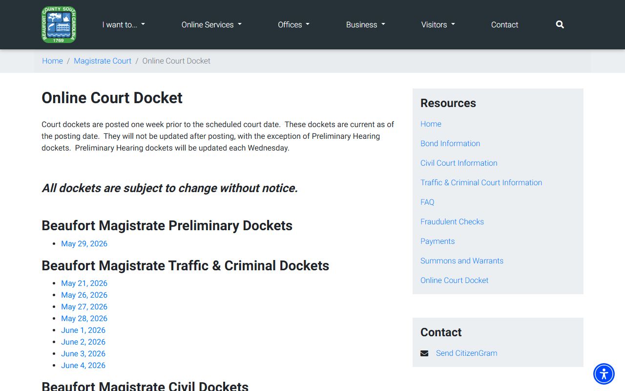 Beaufort County court dockets Magistrate online dockets