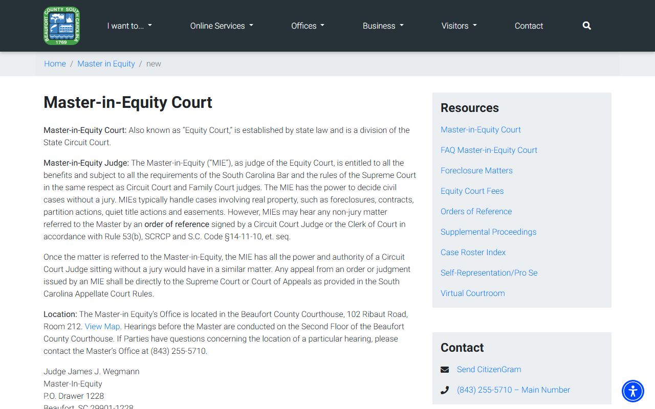 Beaufort County court dockets Master-in-Equity page