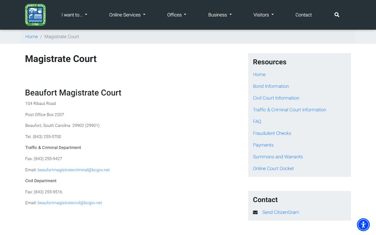 Beaufort County Magistrate Court contacts for court records