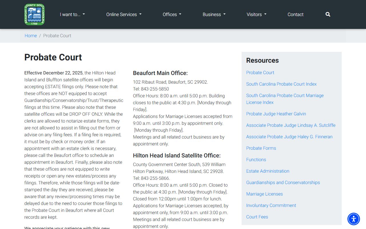 Beaufort County Probate Court offices for probate and marriage records