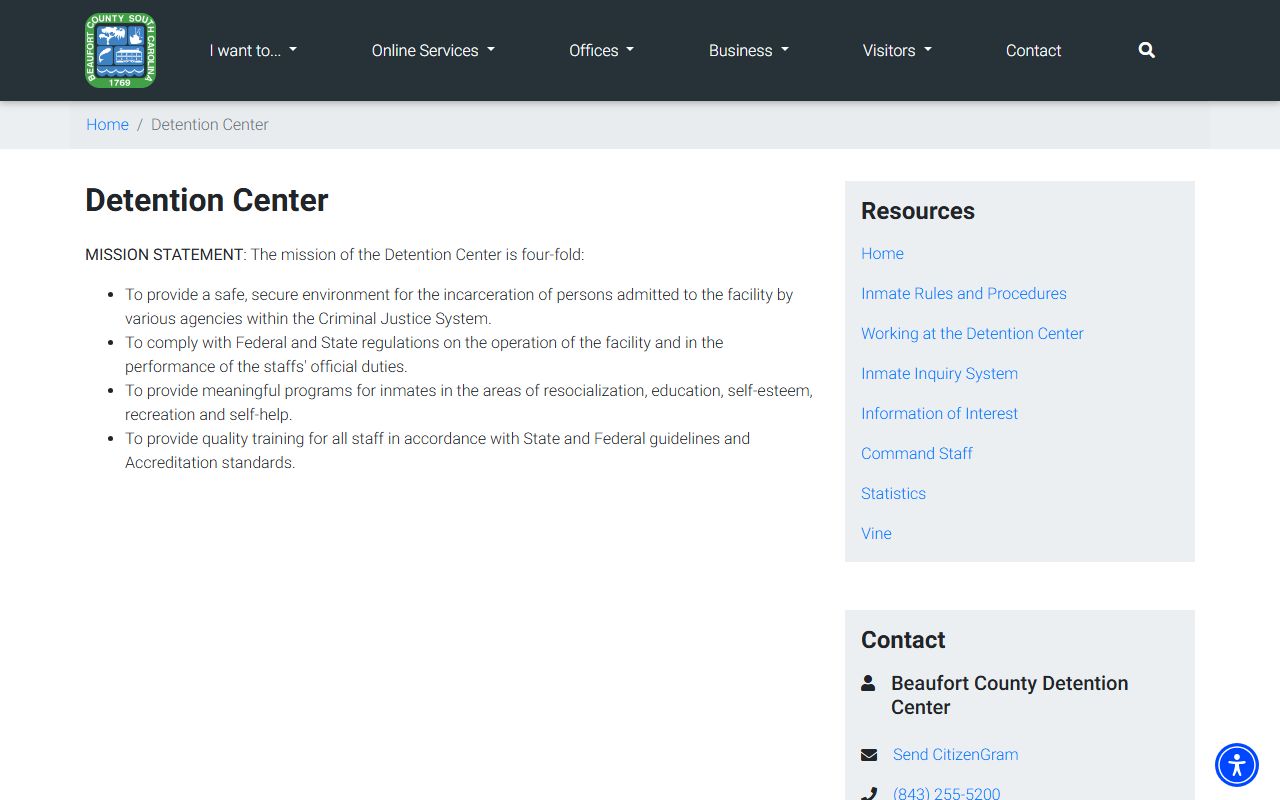 Beaufort County Detention Center page for inmate records