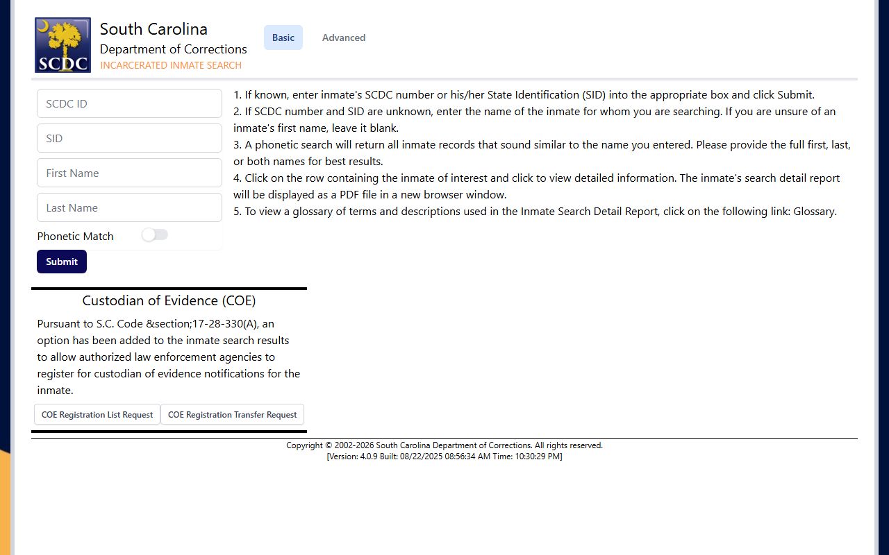 South Carolina Department of Corrections inmate search for Beaufort County inmate records