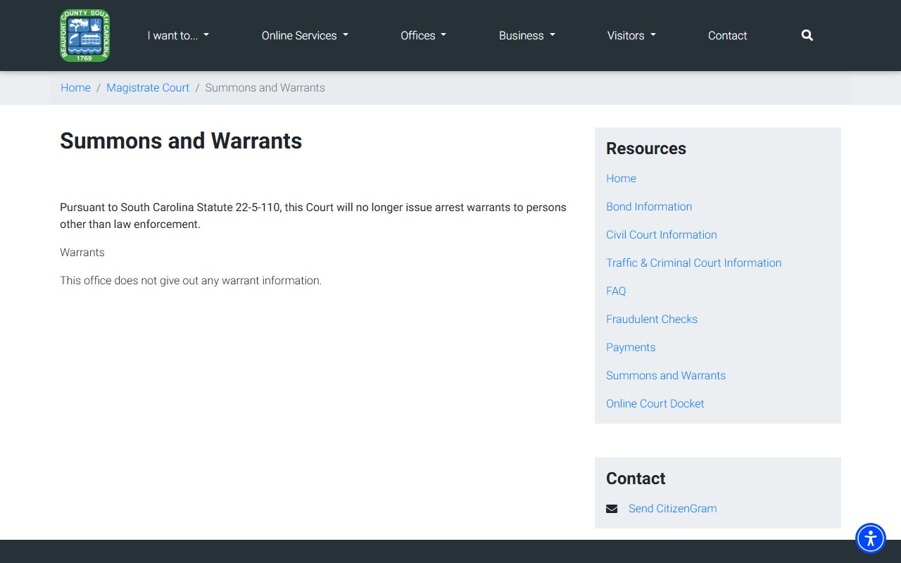 Beaufort County warrant records Magistrate summons and warrants policy