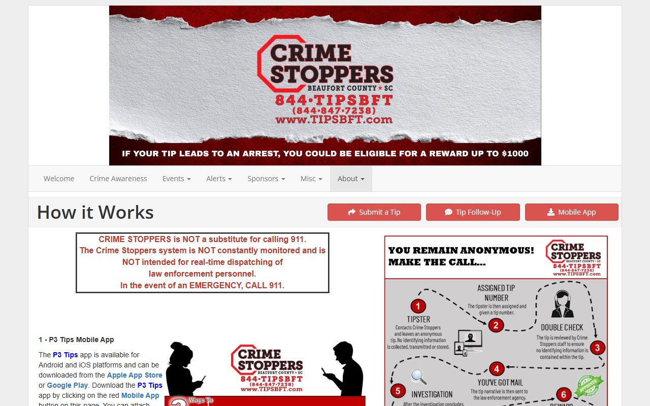 Beaufort County warrant records Crime Stoppers tip process